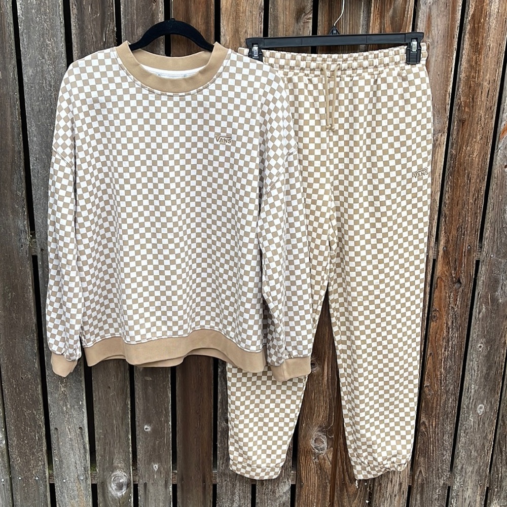Vans Sweatsuit Tan Checkered Joggers Sweatshirt Sweatpants Lounge Dorm Checkers